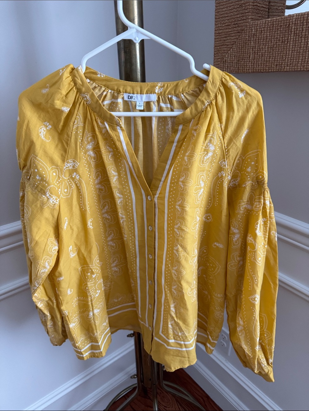 DR2 Mustard Yellow Paisley Button-Front Peasant Top